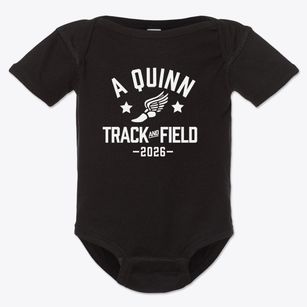 A Quinn Jones Center Track and Field Baby Onesie